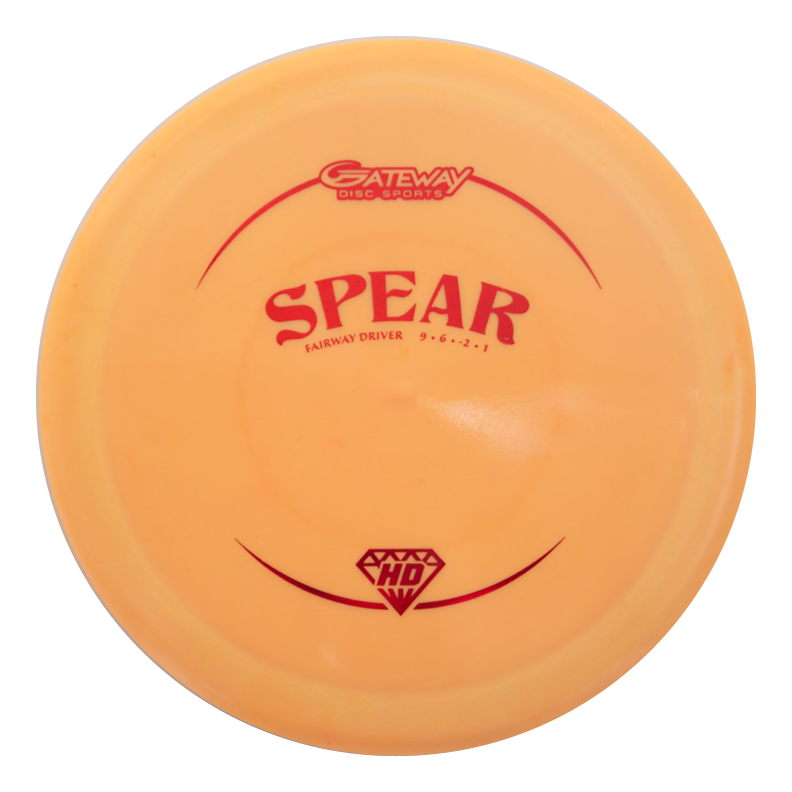An orange Spear - Hyper Diamond (HD) 9-speed disc golf driver with red "Gateway Disc Sports" and "SPEAR Fairway Driver 9·6·-2·1" lettering€”ideal as a straight driver for consistent fairway control.