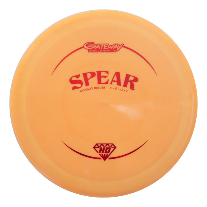 An orange Spear - Hyper Diamond (HD) 9-speed disc golf driver with red "Gateway Disc Sports" and "SPEAR Fairway Driver 9·6·-2·1" lettering€”ideal as a straight driver for consistent fairway control.