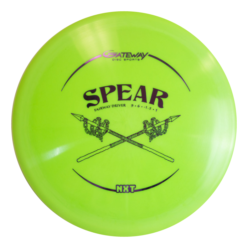 A yellow-green Spear - NXT control driver disc golf disc features two illustrated crossed spears and black text with disc specs, made from a durable plastic blend.