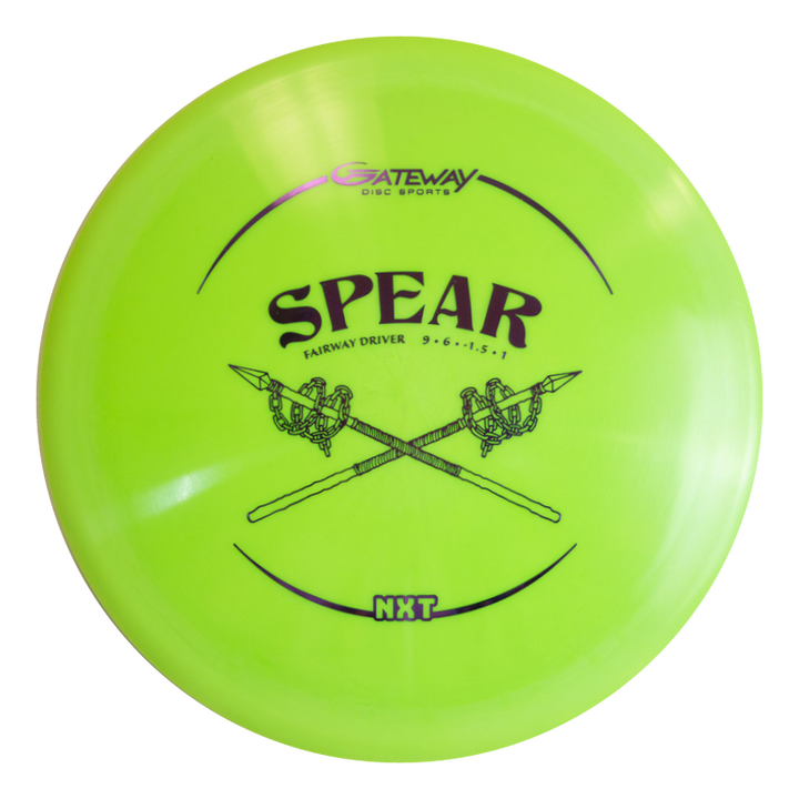 A yellow-green Spear - NXT control driver disc golf disc features two illustrated crossed spears and black text with disc specs, made from a durable plastic blend.