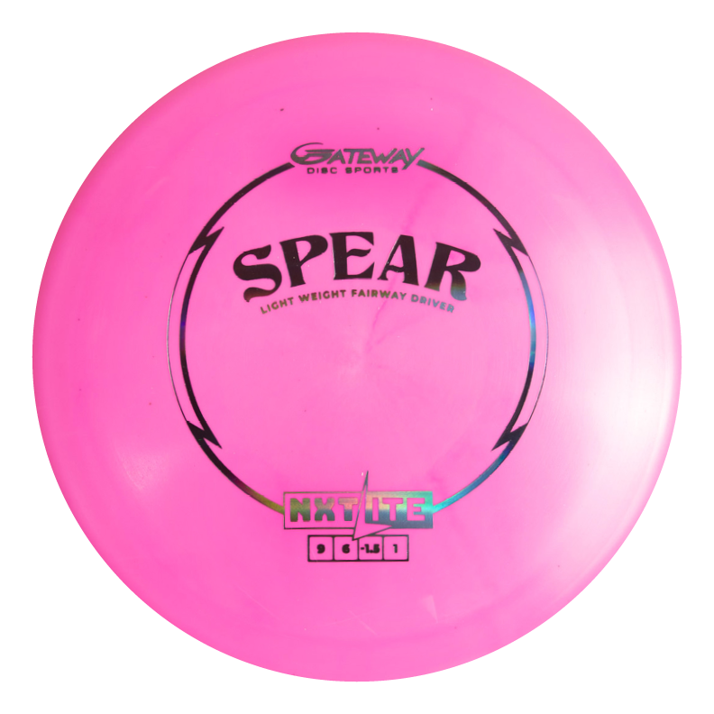 A pink Spear - NXT LITE lightweight control driver by Gateway Disc Sports, featuring black and silver text and graphics€”perfect for tight fairway lines.