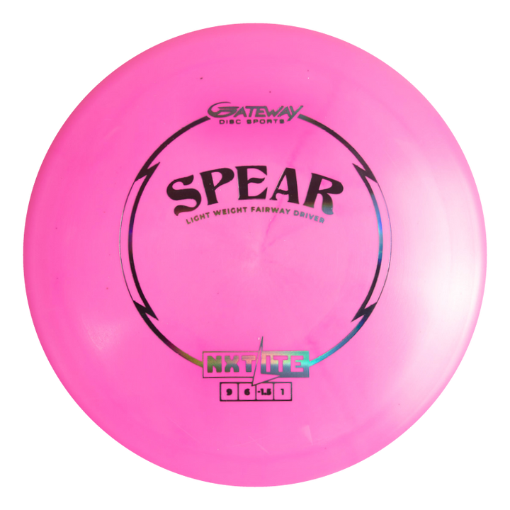 A pink Spear - NXT LITE lightweight control driver by Gateway Disc Sports, featuring black and silver text and graphics€”perfect for tight fairway lines.