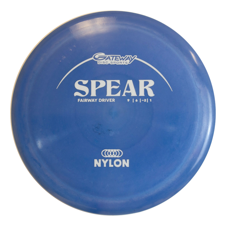 The Spear - Nylon Fairway Driver disc golf disc delivers a comfortable grip and durable performance, with flight numbers 9, 6, -2, 1 and "Nylon" printed on the surface€”ideal for reliable control shots.