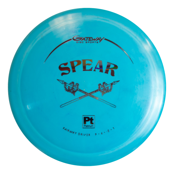 The Spear - Platinum is a blue Gateway Disc Sports fairway driver disc featuring crossed spears and "FAIRWAY DRIVER Pt PLATINUM" text, designed for accurate placement as a reliable control driver on the course.