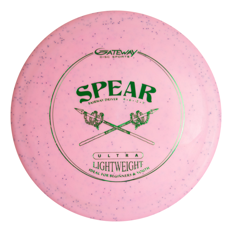 The Spear - (Metal Flake) Ultra Lightweight is a pink, speckled fairway driver with crossed spear graphics, designed for control, accuracy, and long flights on the course.