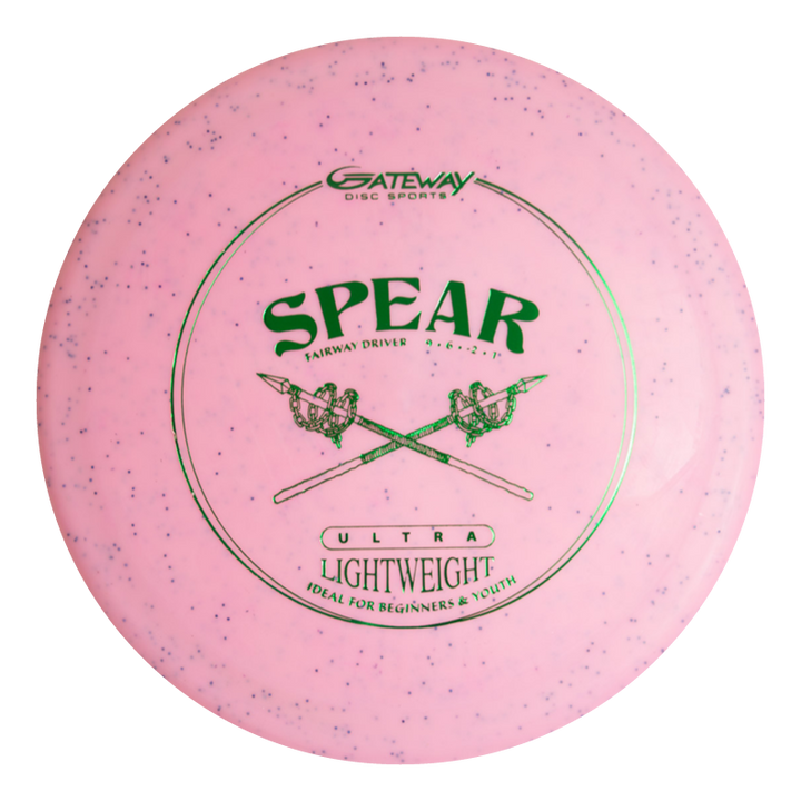 The Spear - (Metal Flake) Ultra Lightweight is a pink, speckled fairway driver with crossed spear graphics, designed for control, accuracy, and long flights on the course.