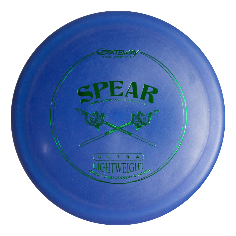 A blue Spear - SureGrip™  Ultra Lightweight control driver disc golf disc featuring green text and a crossed spears graphic, designed for precise placement on the course.
