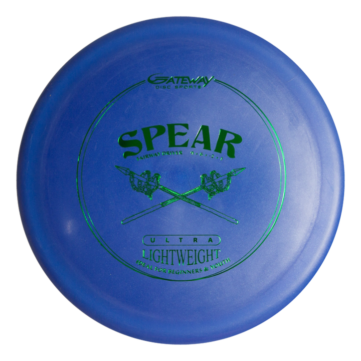 A blue Spear - SureGrip™  Ultra Lightweight control driver disc golf disc featuring green text and a crossed spears graphic, designed for precise placement on the course.