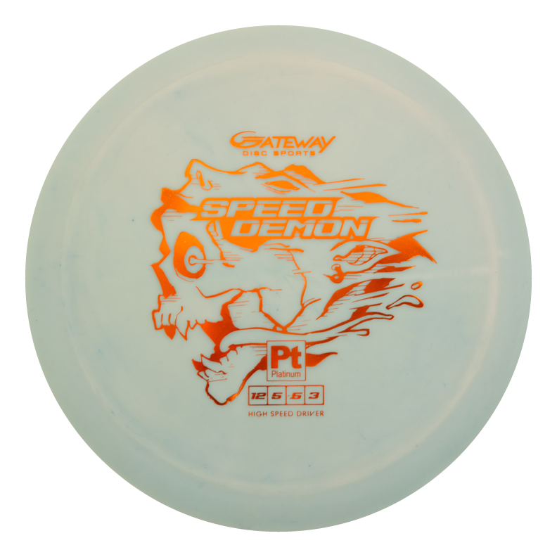 The Speed Demon - Platinum is a white overstable distance driver with an orange skull graphic, ideal for consistent fade and powerful forehands. Features "Gateway Disc Sports Speed Demon Pt Platinum High Speed Driver" text.