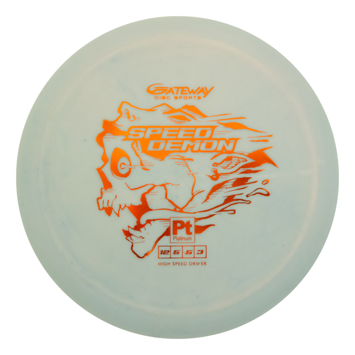 The Speed Demon - Platinum is a white overstable distance driver with an orange skull graphic, ideal for consistent fade and powerful forehands. Features "Gateway Disc Sports Speed Demon Pt Platinum High Speed Driver" text.