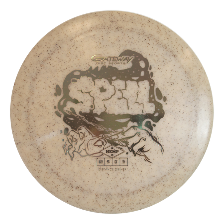 The Spell - Diamond Hemp is a beige disc golf disc with graffiti-style "SPELL" text, hand illustration, Gateway Disc Sports logo, and "hemp" material marking, crafted in premium plastic for maximum velocity throws.