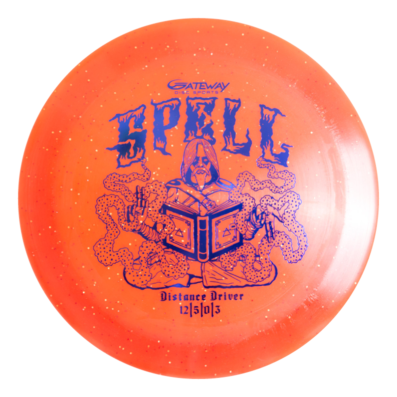 The Spell - Metal Flake disc by Gateway Disc Sports features "Spell" text, a wizard with a spellbook, premium orange plastic, and flight numbers 12/5/-1/3€”one of their longest flying drivers. Artwork by Ripper Studios.