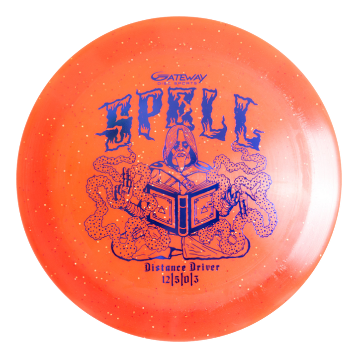 The Spell - Metal Flake disc by Gateway Disc Sports features "Spell" text, a wizard with a spellbook, premium orange plastic, and flight numbers 12/5/-1/3€”one of their longest flying drivers. Artwork by Ripper Studios.