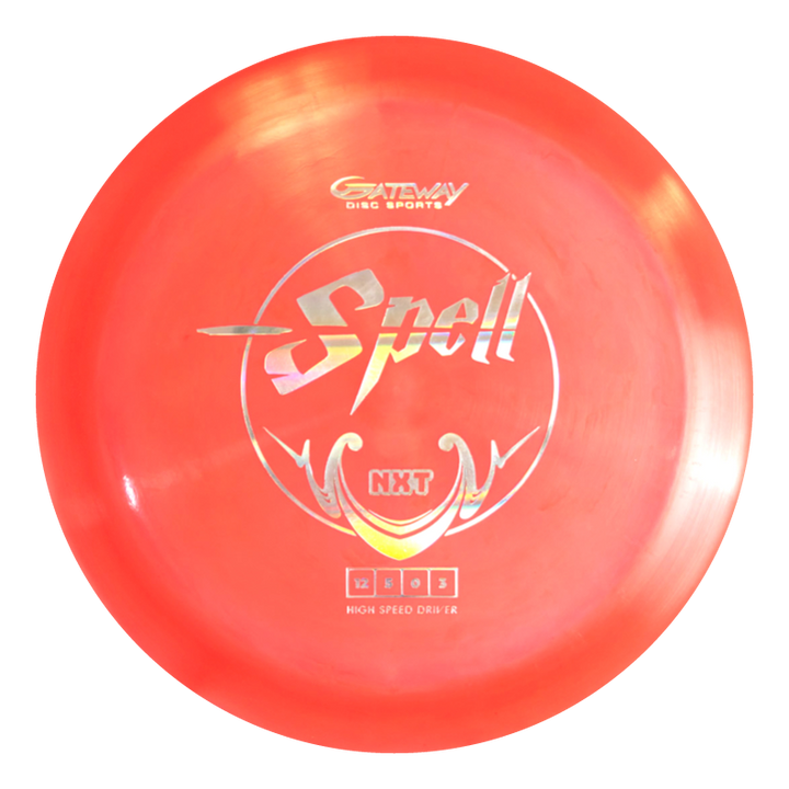 A red Spell - NXT overstable driver from Gateway Disc Sports features silver and white text and graphics on top, crafted with Nylon Xtra Tuff for wind-crushing power.
