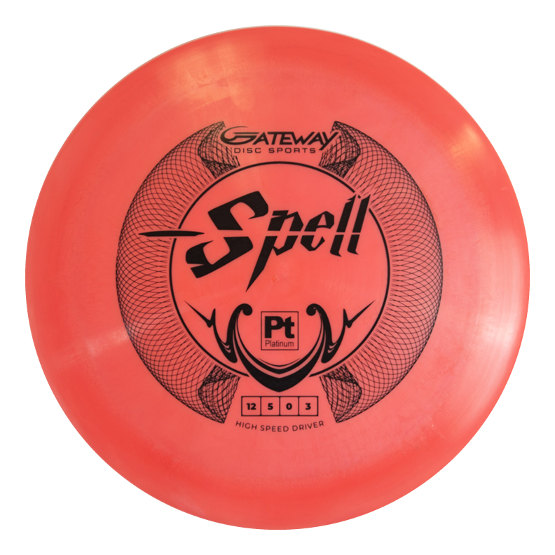 The Spell - Platinum is a red overstable driver featuring €œSpell,€� €œGateway Disc Sports,€� and €œPlatinum€� in black with a geometric design€”engineered for powerful, wind-beating throws.