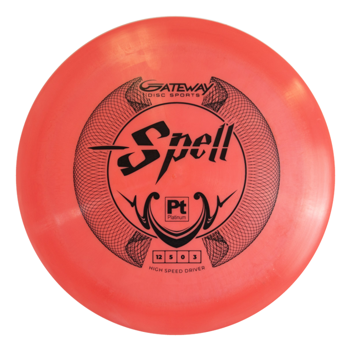 The Spell - Platinum is a red overstable driver featuring €œSpell,€� €œGateway Disc Sports,€� and €œPlatinum€� in black with a geometric design€”engineered for powerful, wind-beating throws.
