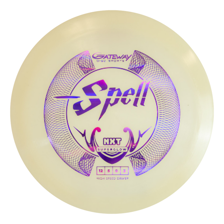 The Spell - NXT Superglow is a white disc golf driver by Gateway Disc Sports, featuring purple geometric designs, built for wind-crushing power throws with overstable flight and durable plastic.