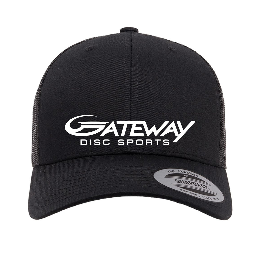 The Gateway Trucker Hat is a retro black snapback cap with a mesh back and "Gateway Disc Sports" logo in white on the front panel.