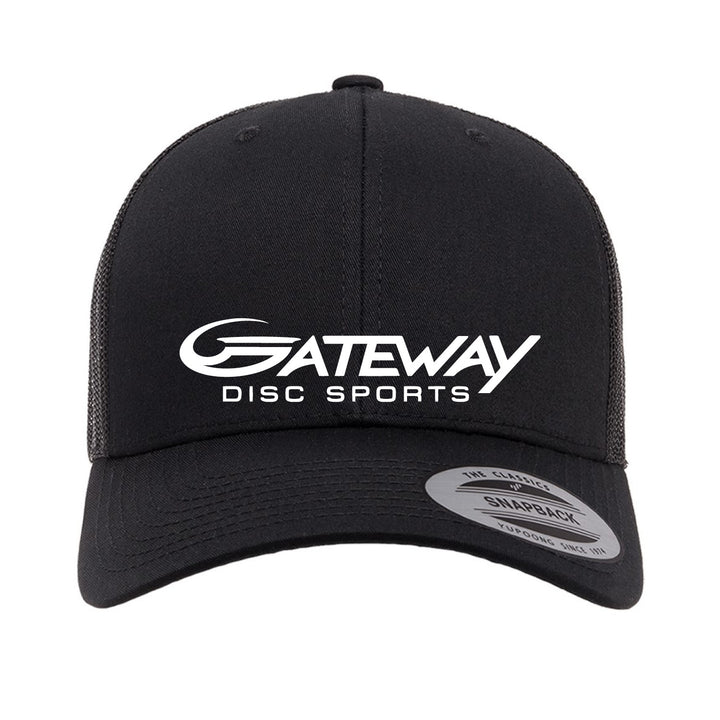 The Gateway Trucker Hat is a retro black snapback cap with a mesh back and "Gateway Disc Sports" logo in white on the front panel.