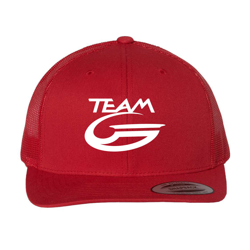 The Team Gateway Trucker Cap is a red retro cap with a white mesh back, "TEAM G" in bold white on the front, and a classic snapback closure.