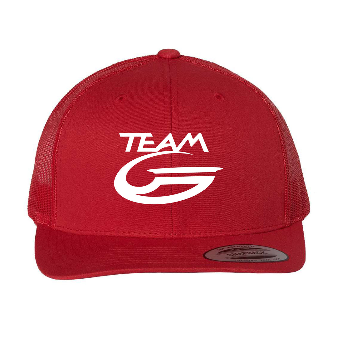 The Team Gateway Trucker Cap is a red retro cap with a white mesh back, "TEAM G" in bold white on the front, and a classic snapback closure.