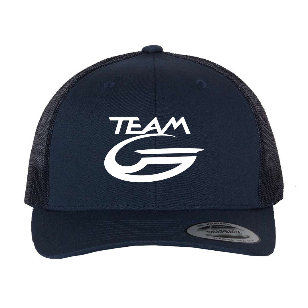 The Team Gateway Trucker Cap is a black retro cap with a mesh back and snapback closure, featuring the white "TEAM G" logo on the front.