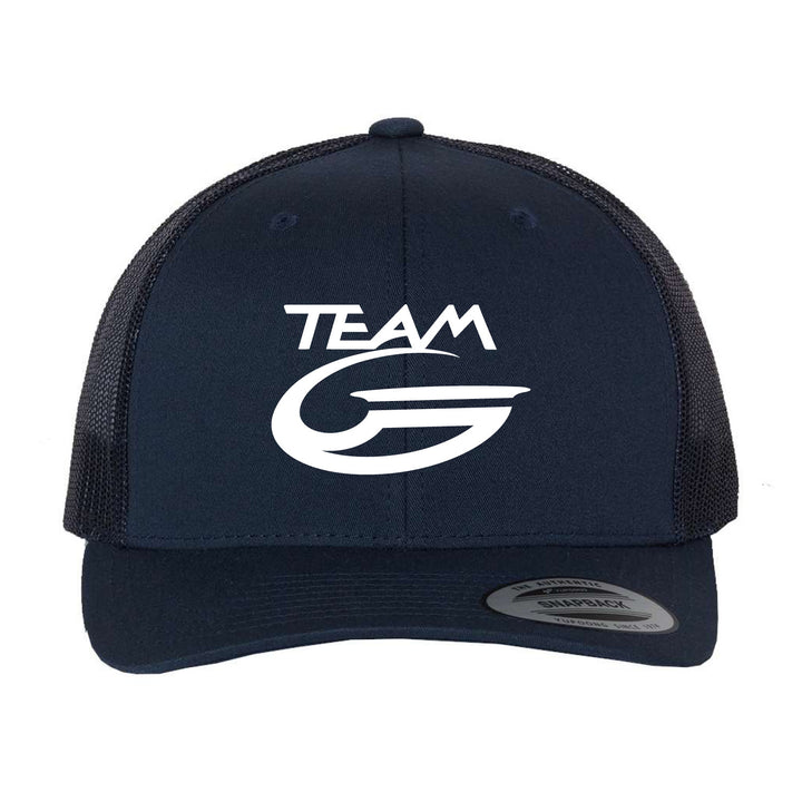 The Team Gateway Trucker Cap is a black retro cap with a mesh back and snapback closure, featuring the white "TEAM G" logo on the front.