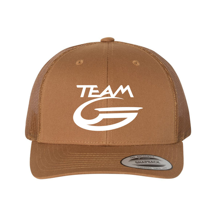 The Team Gateway Trucker Cap features a white "TEAM G" logo on the front, a breathable mesh back, and a classic snapback closure for all-day comfort.