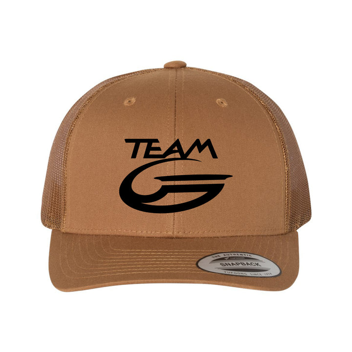 The Team Gateway Trucker Cap is a brown retro hat with a mesh back, bold black "TEAM G" logo on the front, and an adjustable snapback closure.