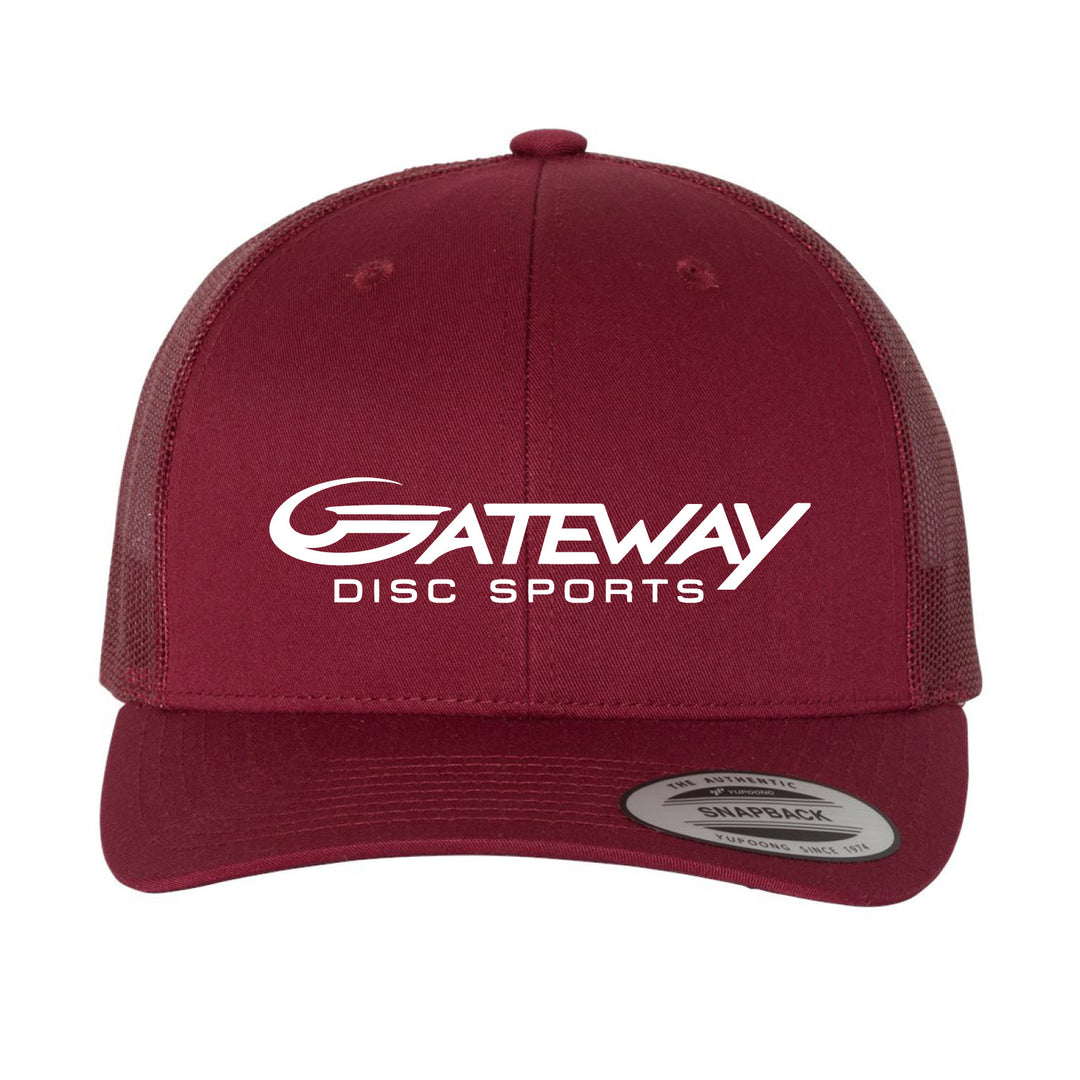 The Gateway Trucker Hat is a maroon mesh back snapback featuring "Gateway Disc Sports" printed in white on the front.