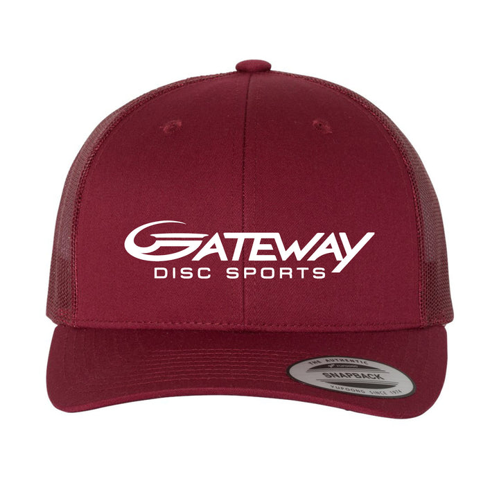 The Gateway Trucker Hat is a maroon mesh back snapback featuring "Gateway Disc Sports" printed in white on the front.
