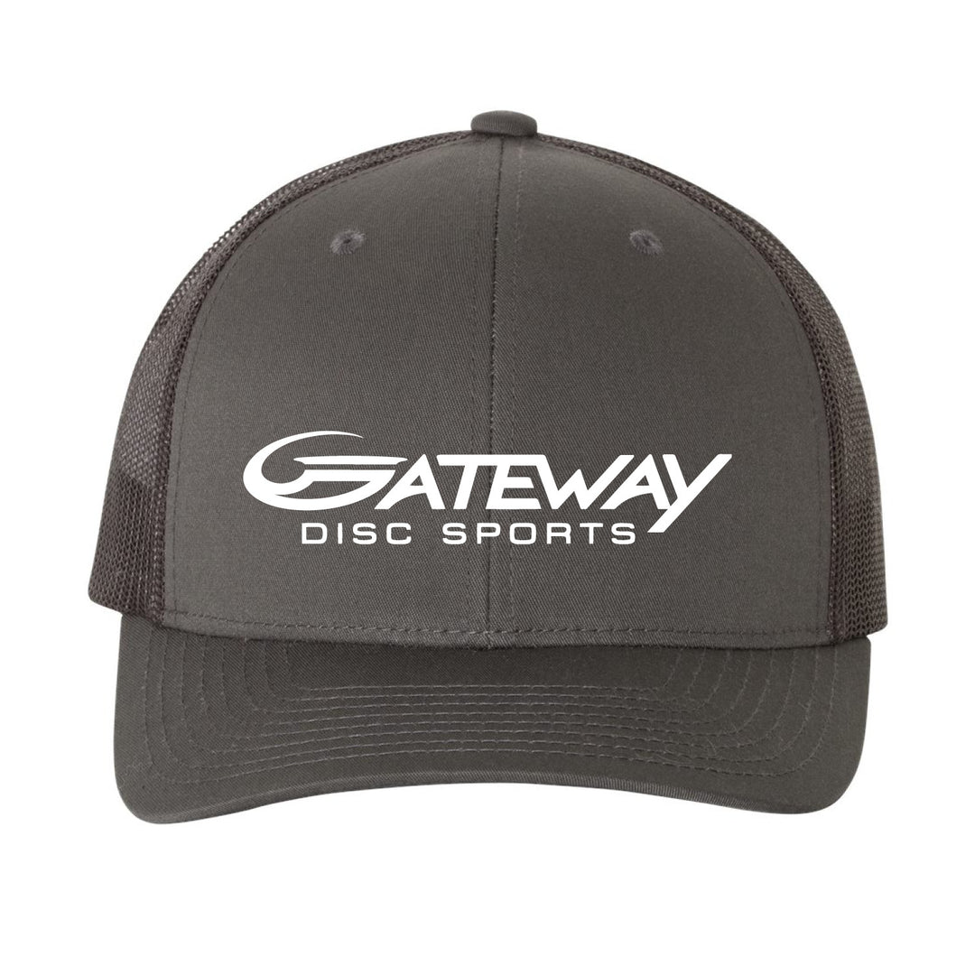 The Gateway Trucker Hat is a dark gray retro cap featuring a mesh back and —Gateway Disc Sports—� printed in white on the front panel.