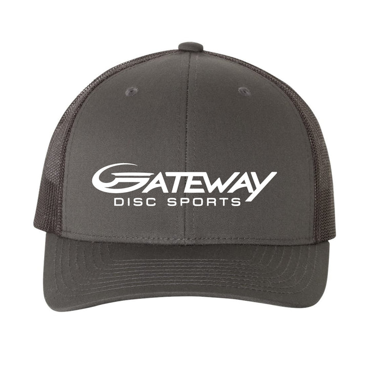 The Gateway Trucker Hat is a dark gray retro cap featuring a mesh back and —Gateway Disc Sports—� printed in white on the front panel.