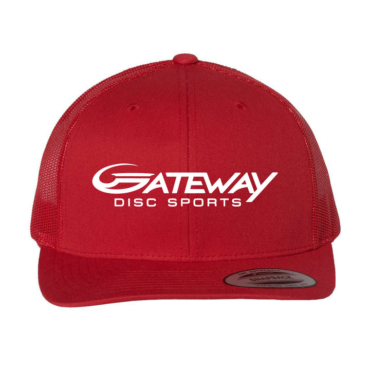 The Gateway Trucker Hat features a vibrant red retro design, breathable mesh back, and a white "GATEWAY DISC SPORTS" logo on the front.