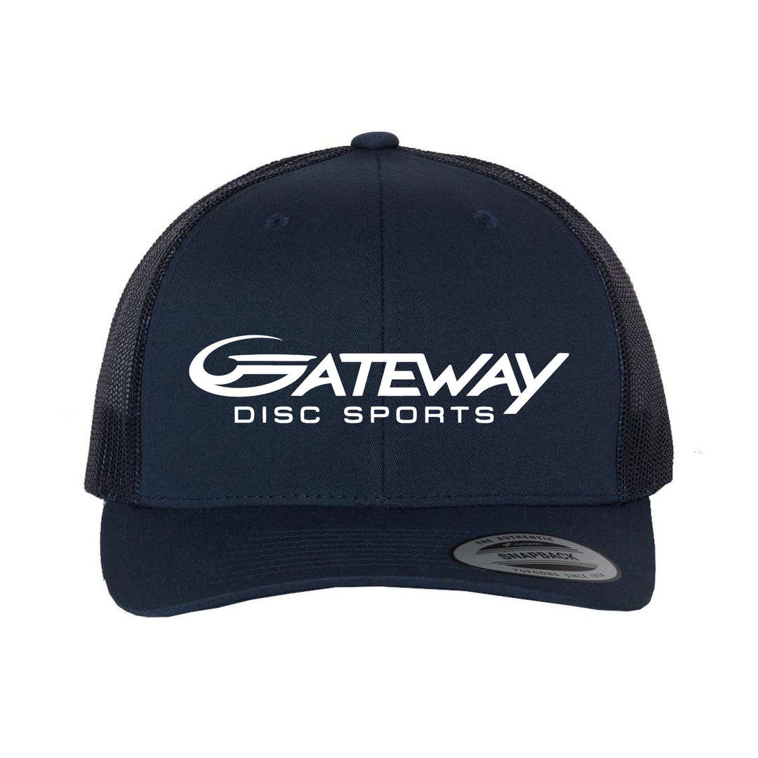 The Gateway Trucker Hat is a black retro cap with a mesh back, featuring the "Gateway Disc Sports" logo in white on the front and an adjustable snapback closure.