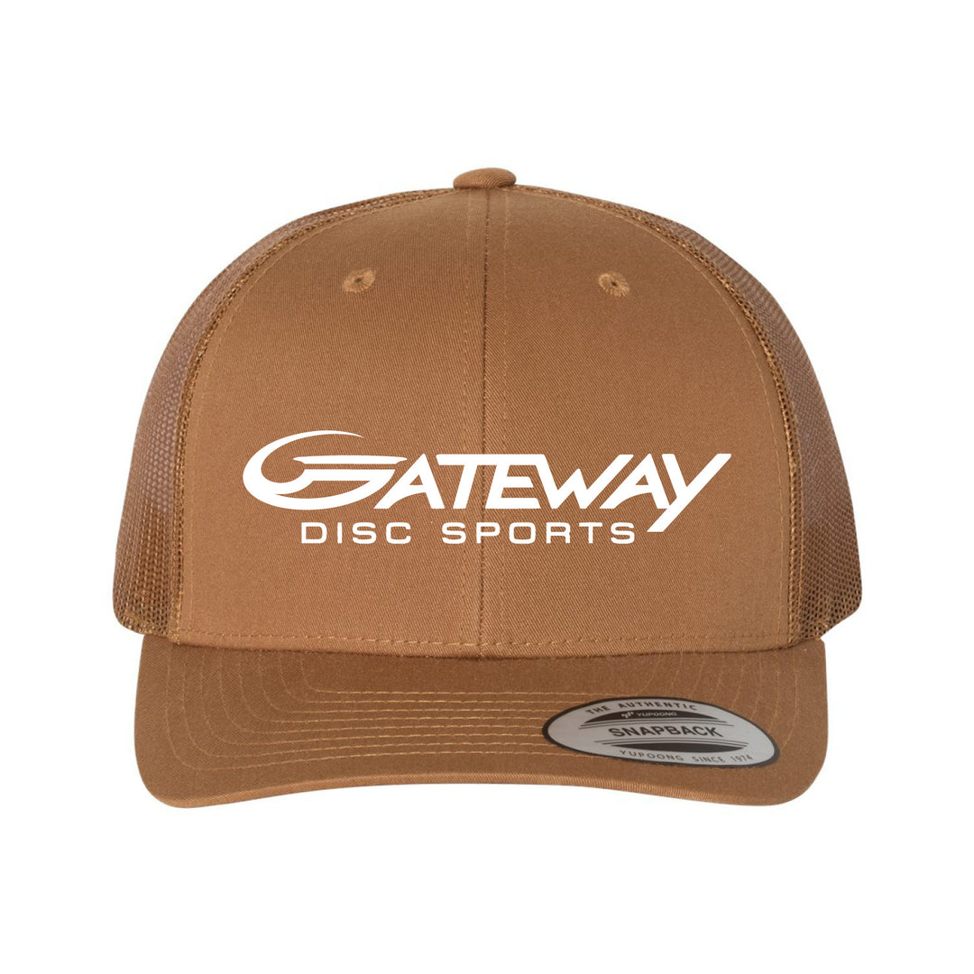 Gateway Trucker Hat: Brown retro cap with a mesh back, "GATEWAY DISC SPORTS" logo in white on the front, and an adjustable Yupoong snapback closure.