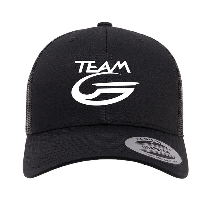 The Team Gateway Trucker Cap is black with white "TEAM G" text and logo on the front, featuring a mesh back and an adjustable snapback closure for comfort.