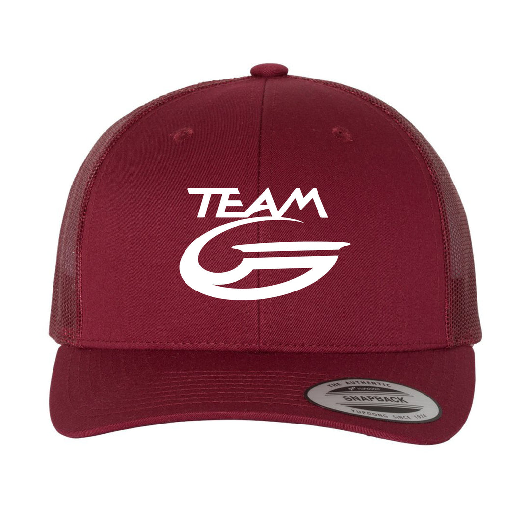 The Team Gateway Trucker Cap features a maroon design, mesh back, bold white "TEAM G" logo on the front, and an adjustable snapback closure.