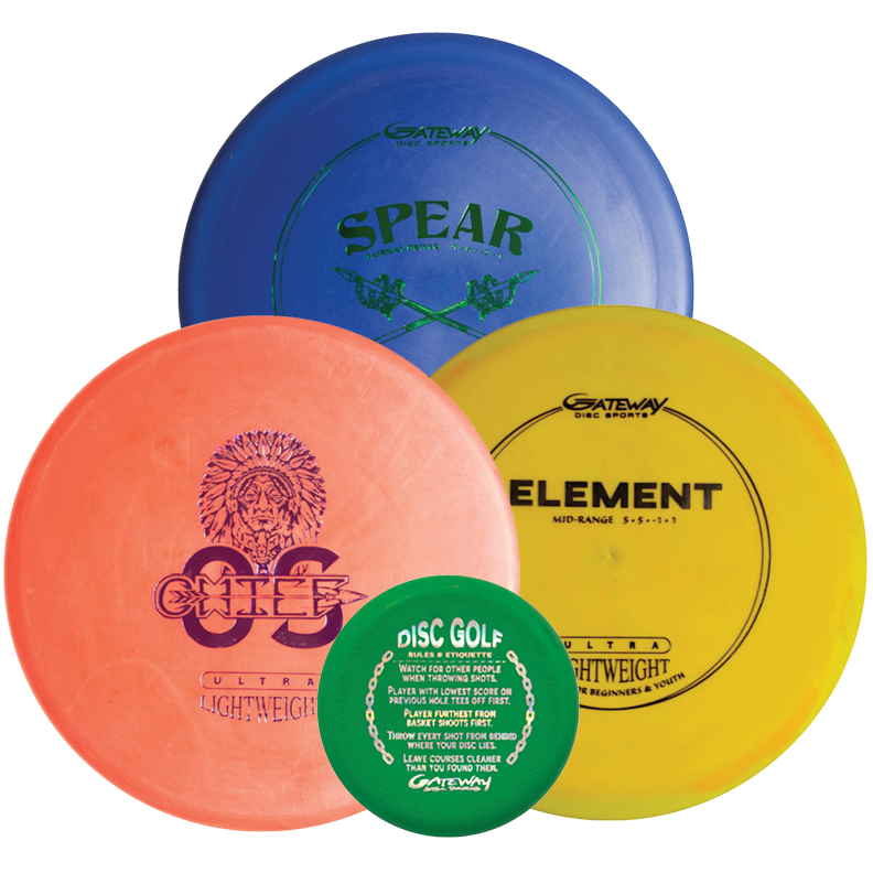 The 3-Disc Ultra Lightweight Starter Set with Mini includes three unique discs and a mini, each labeled with different names and designs€”ideal for upgrading your disc golf set or starting a mini disc collection.