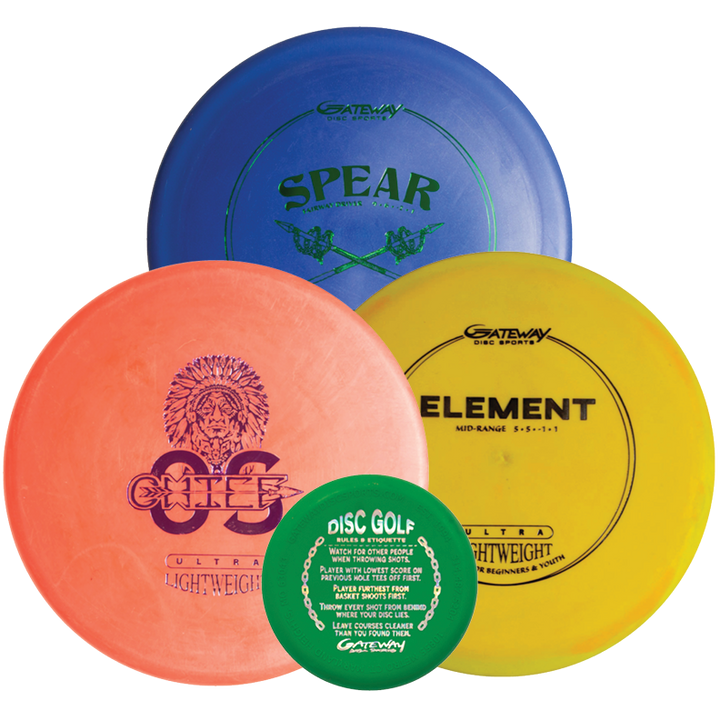 The 3-Disc Ultra Lightweight Starter Set with Mini includes three unique discs and a mini, each labeled with different names and designs€”ideal for upgrading your disc golf set or starting a mini disc collection.