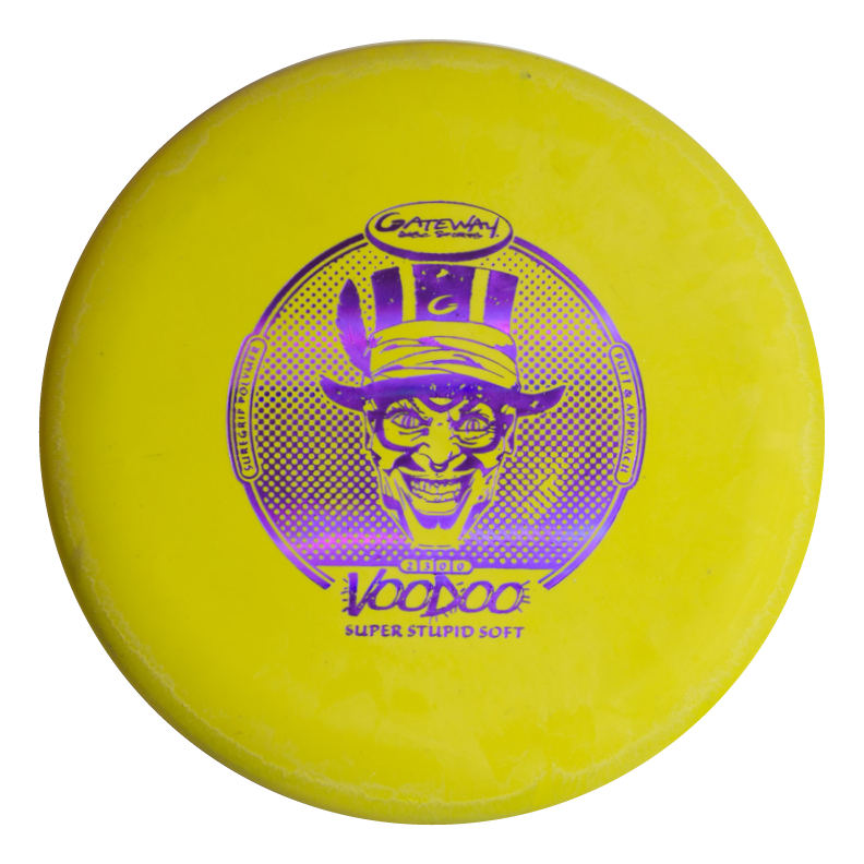 A yellow Voodoo - Suregrip - SSS disc golf putter with a purple graphic of a grinning character in a hat.