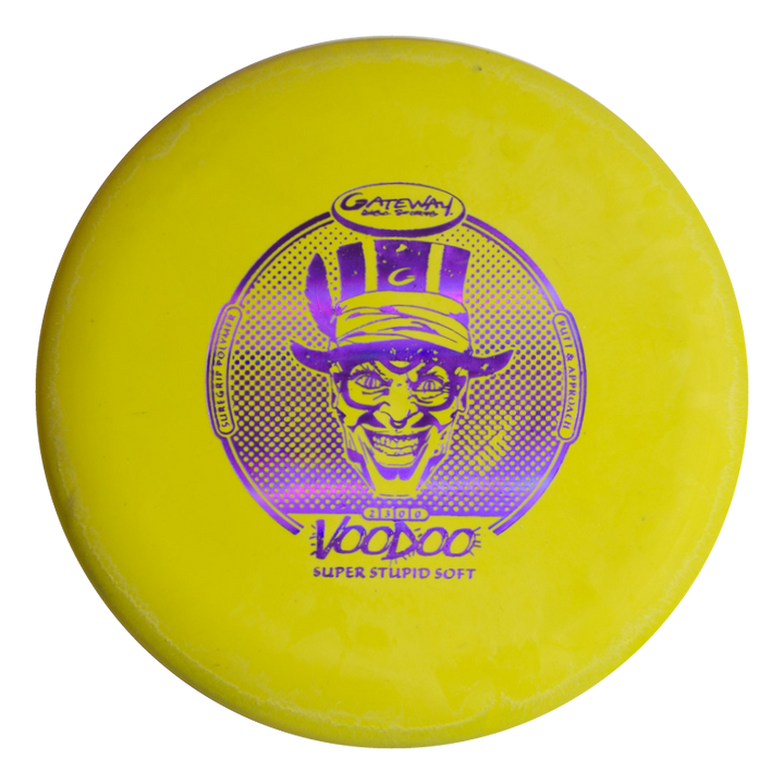 A yellow Voodoo - Suregrip - SSS disc golf putter with a purple graphic of a grinning character in a hat.