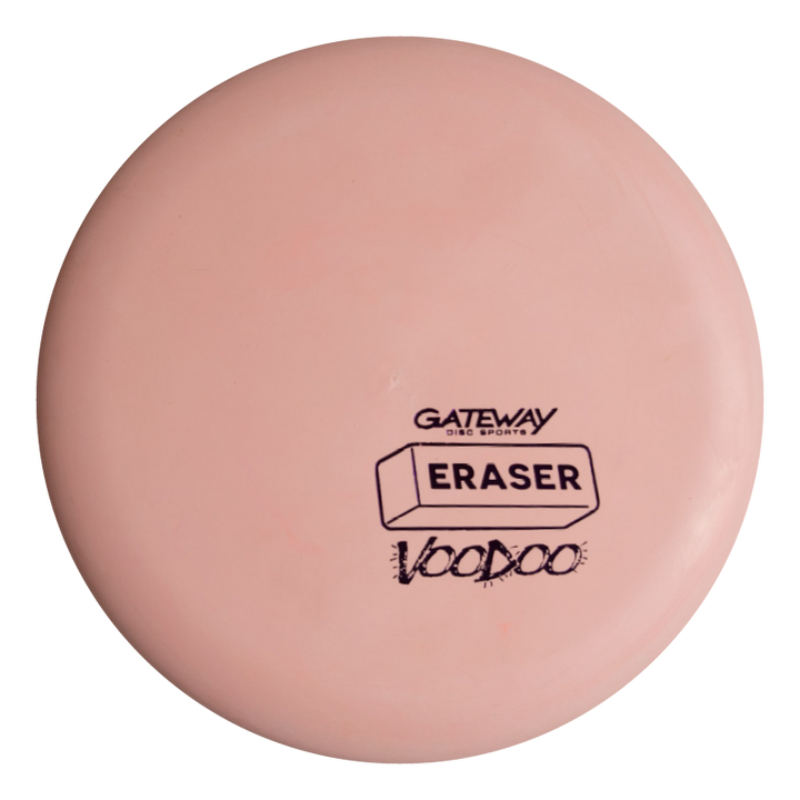 A pink Voodoo - Eraser putter by Gateway Disc Sports with "ERASER" and Voodoo logos printed in black on top.