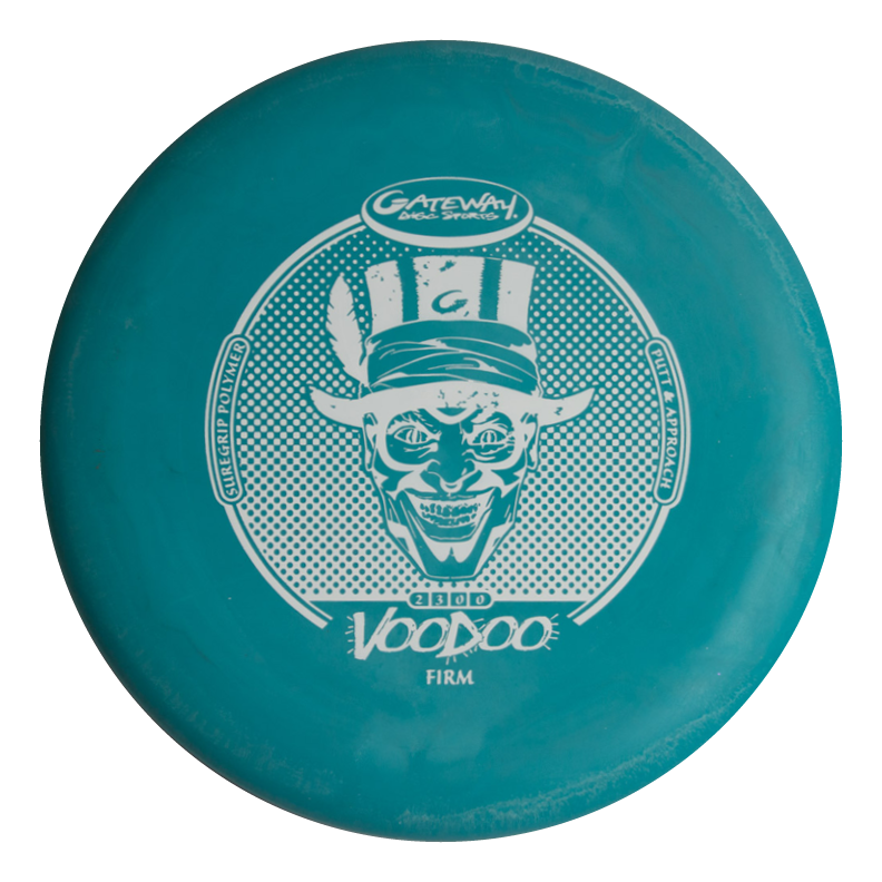 A teal Gateway Voodoo - Suregrip - Firm putter with a white voodoo skull wearing a hat, crossbones, and decorative text graphic.