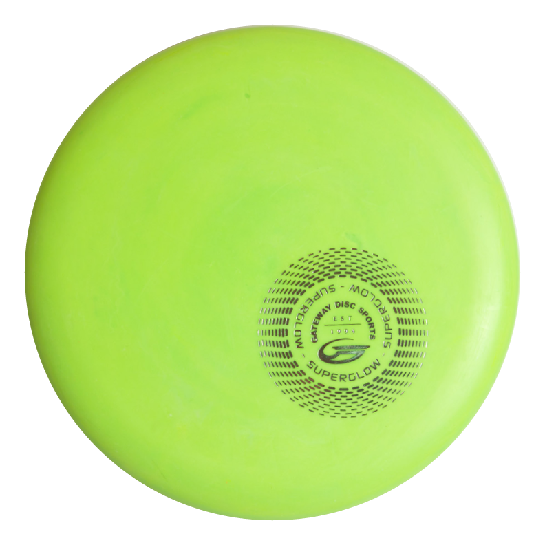 The Voodoo - Ultra Lightweight - Superglow is a bright green flying disc, perfect for lay-ups, featuring "Superglow" and a circular logo printed in black near the center.