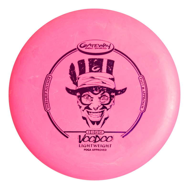 A pink Voodoo - Lightweight disc golf putter with a grinning character in a hat graphic.