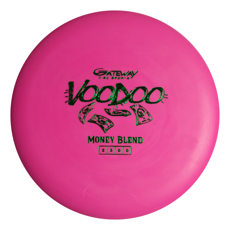 A pink Gateway Voodoo - Money Blend putter, a stable workhorse, with black and green top lettering and graphics.
