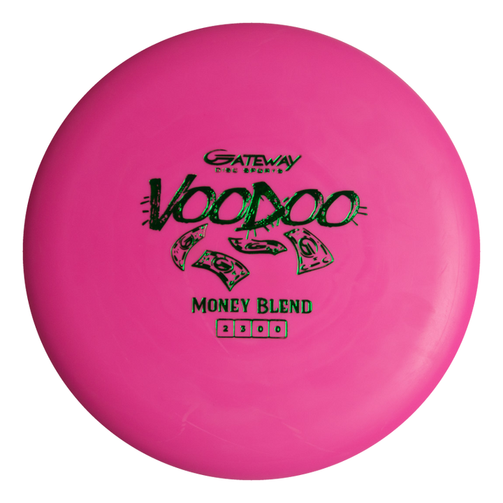 A pink Gateway Voodoo - Money Blend putter, a stable workhorse, with black and green top lettering and graphics.