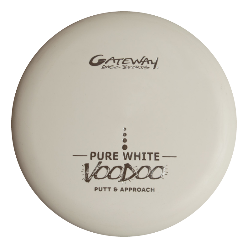 The Voodoo - Pure White putter features a white top labeled "Gateway Disc Sports Pure White Voodoo Putt & Approach," and is ideal as a straight-line putter for accurate putts and approach shots.