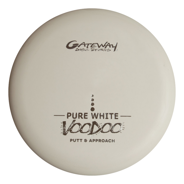 The Voodoo - Pure White putter features a white top labeled "Gateway Disc Sports Pure White Voodoo Putt & Approach," and is ideal as a straight-line putter for accurate putts and approach shots.